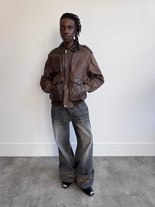 Normans Bole Brown Distressed Leather Bomber Jacket
