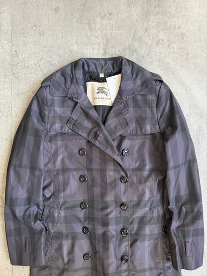 Burberry Purple Plaid Double Breasted Nylon Trench Coat (Sold As Seen)