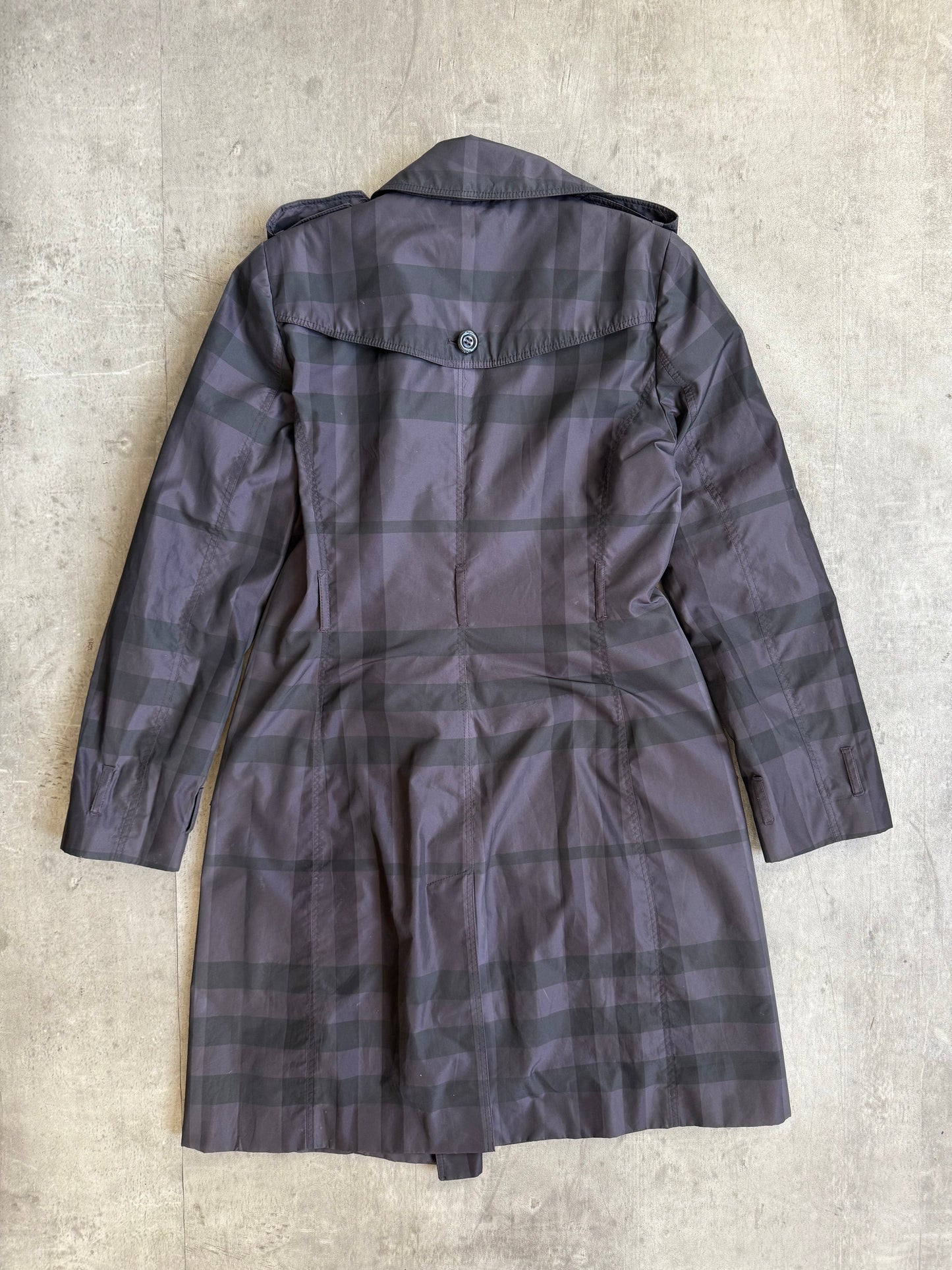 Burberry Purple Plaid Double Breasted Nylon Trench Coat (Sold As Seen)