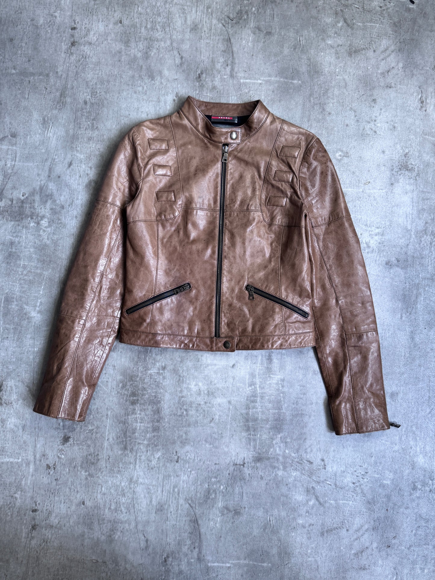 1990s Prada Multi Zip Brown Cropped Leather Jacket SC : 5782
