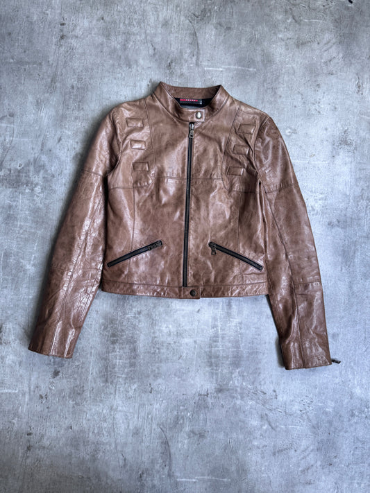 1990s Prada Multi Zip Brown Cropped Leather Jacket SC : 5782
