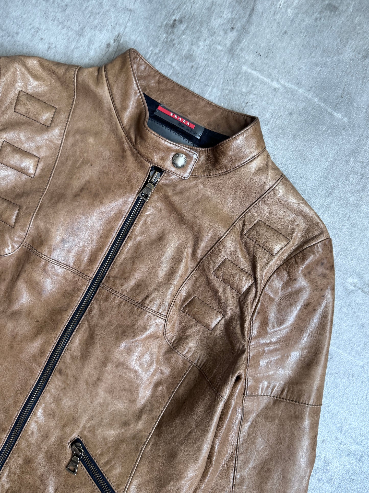 1990s Prada Multi Zip Brown Cropped Leather Jacket SC : 5782