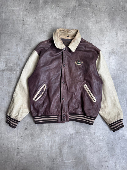 Guess Two Tone Spellout Leather Varsity Jacket