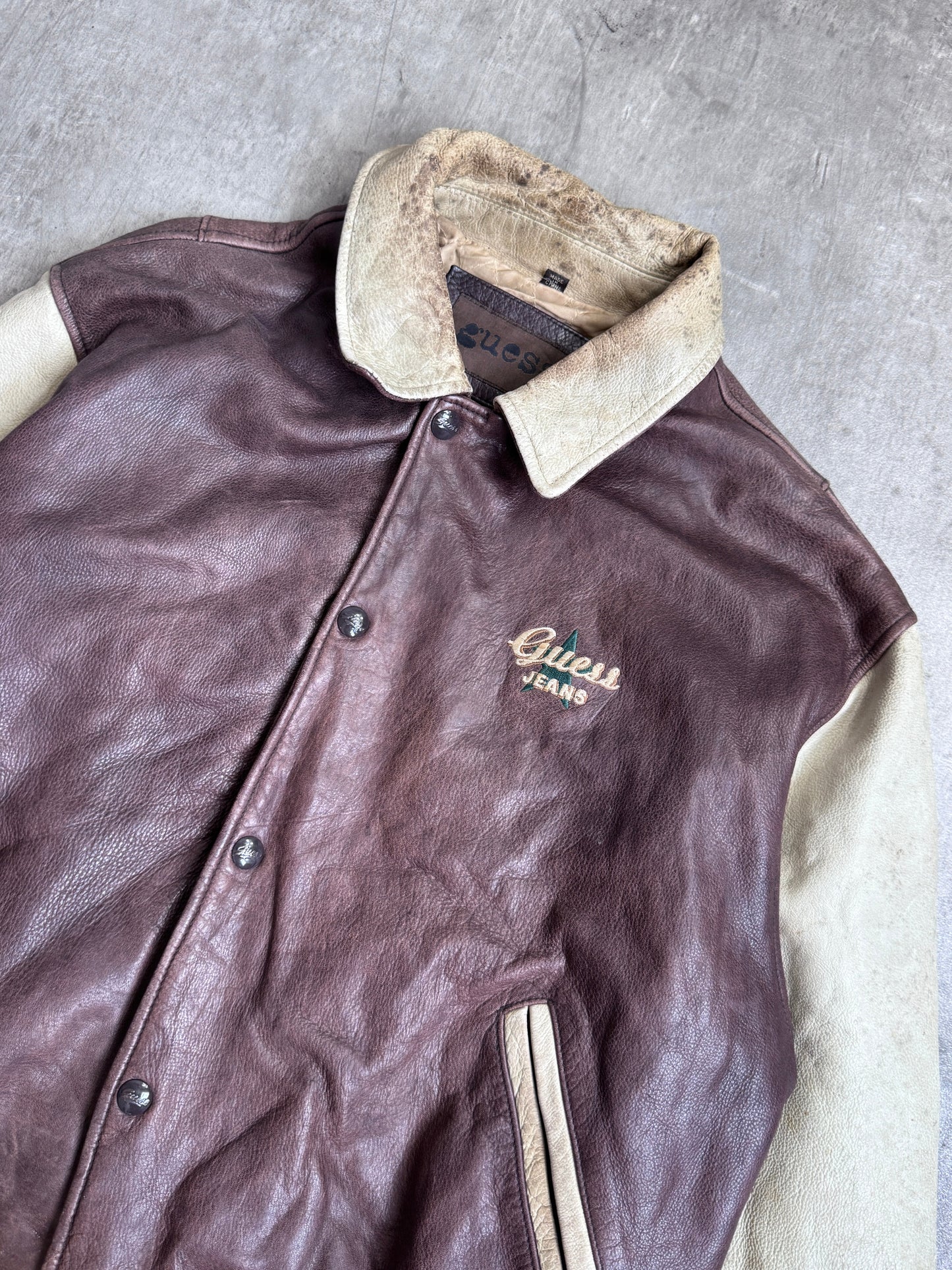 Guess Two Tone Spellout Leather Varsity Jacket