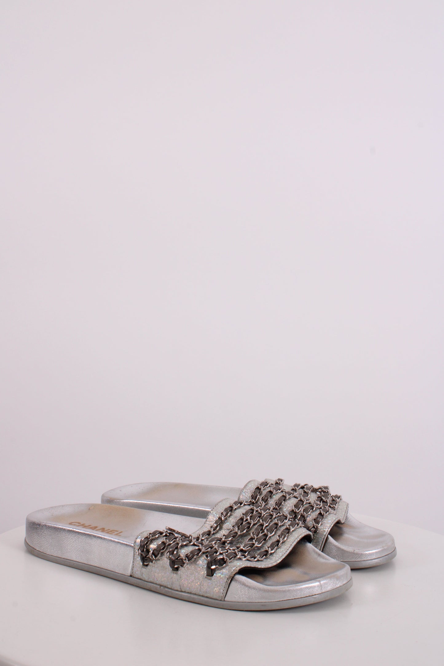 Chanel Chain Detail Slides Sandals Silver 40 | O/S, Silver