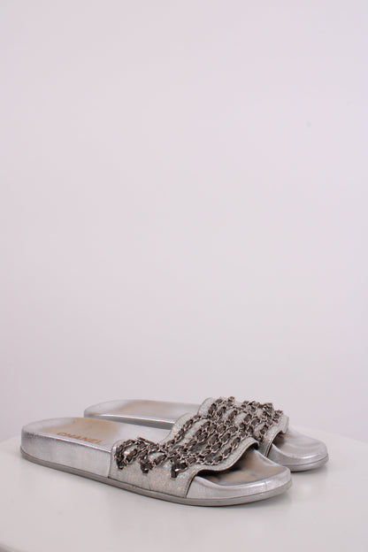 Chanel Chain Detail Slides Sandals Silver 40 | O/S, Silver