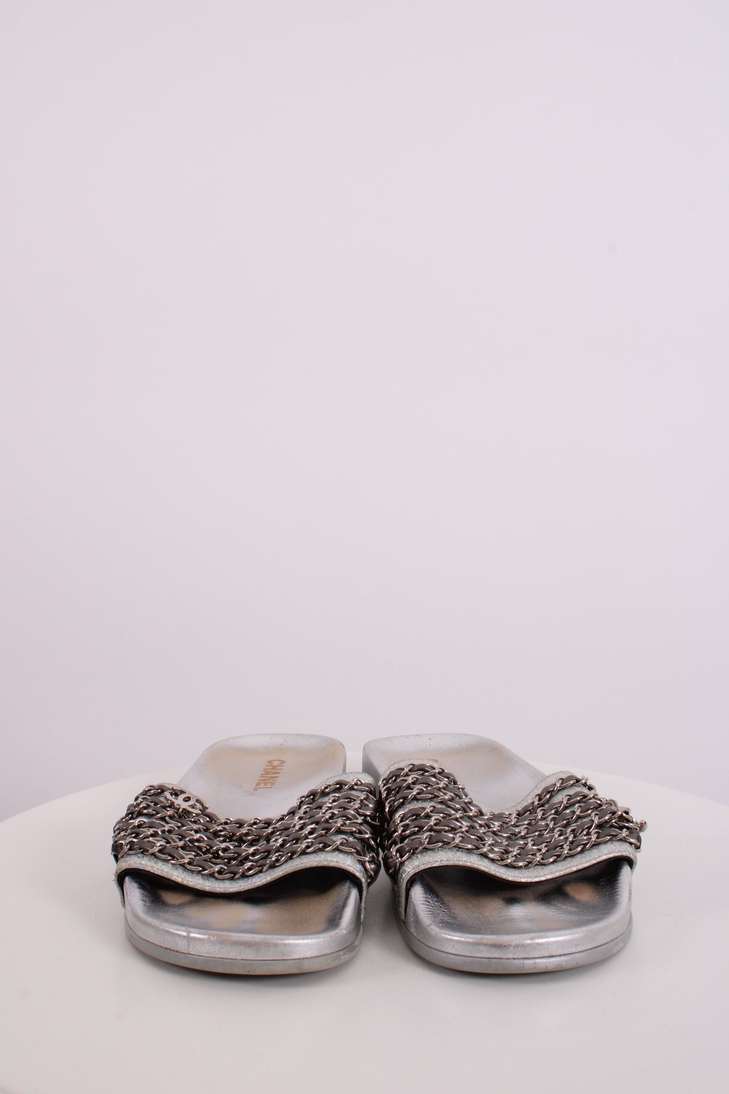 Chanel Chain Detail Slides Sandals Silver 40 | O/S, Silver