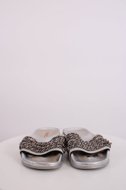 Chanel Chain Detail Slides Sandals Silver 40 | O/S, Silver