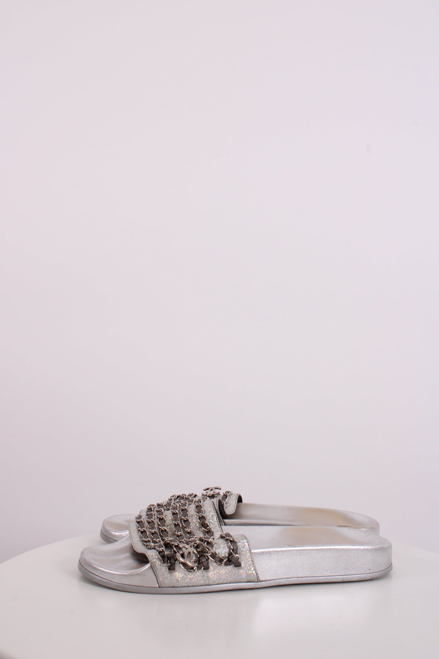 Chanel Chain Detail Slides Sandals Silver 40 | O/S, Silver