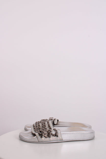 Chanel Chain Detail Slides Sandals Silver 40 | O/S, Silver