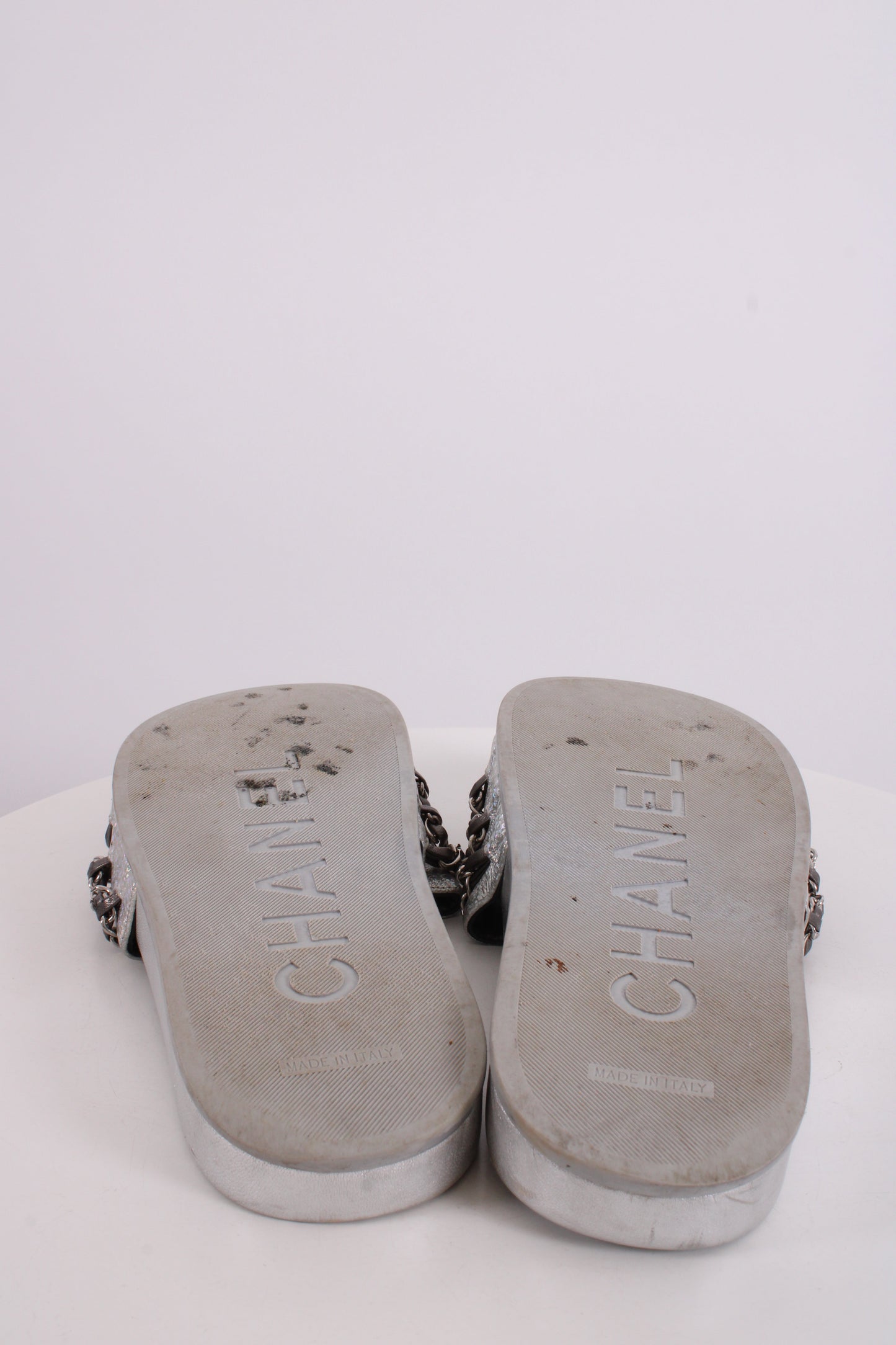 Chanel Chain Detail Slides Sandals Silver 40 | O/S, Silver