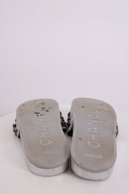Chanel Chain Detail Slides Sandals Silver 40 | O/S, Silver