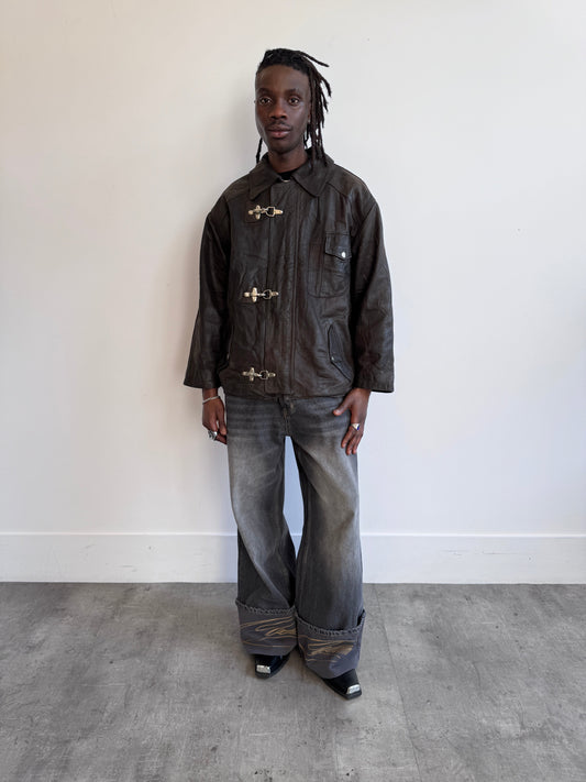 Mystere Fireman Clasp Multipocket Waxed Brown Leather Jacket