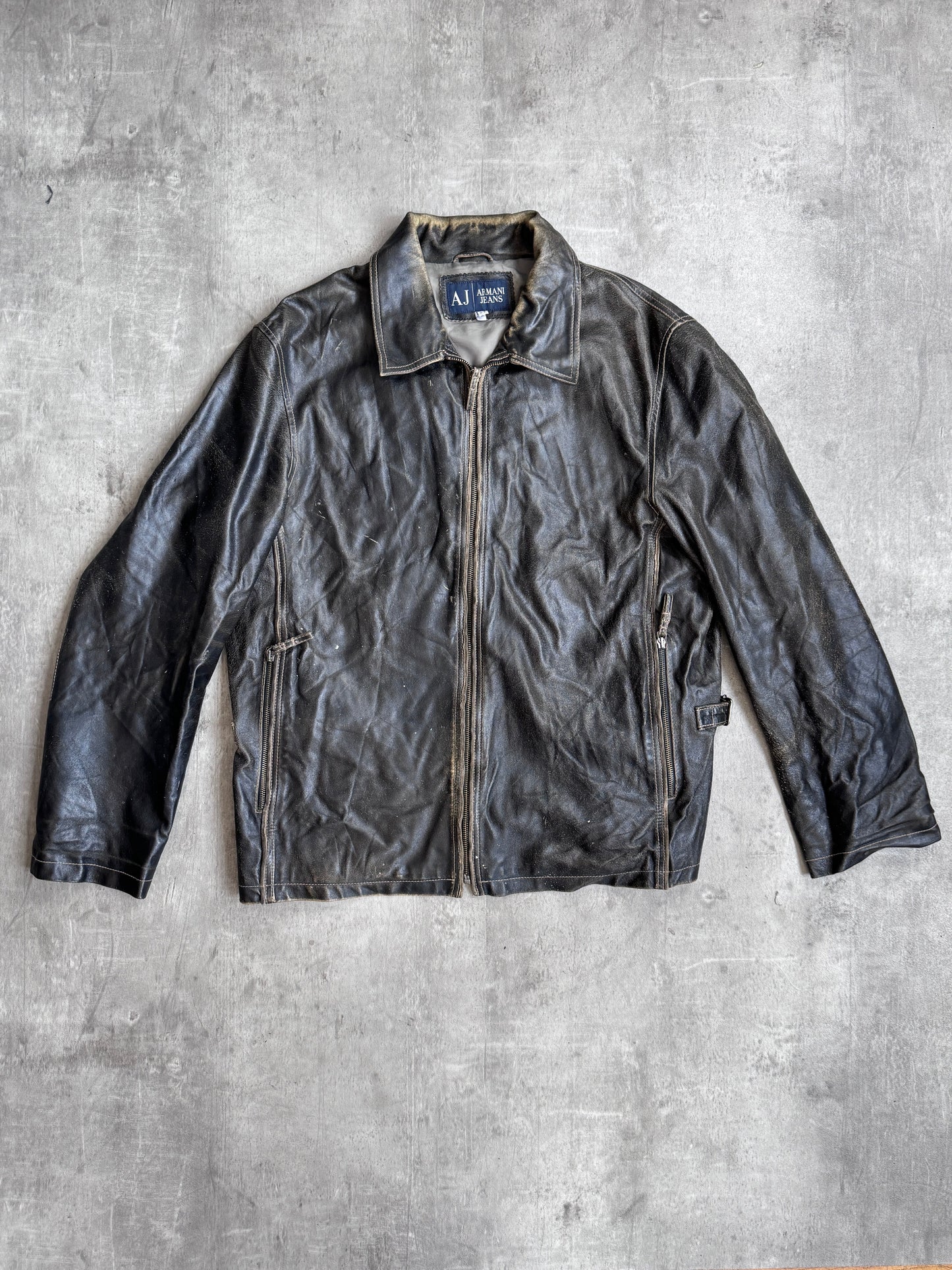 Armani Distressed Buckle Detail Leather Jacket
