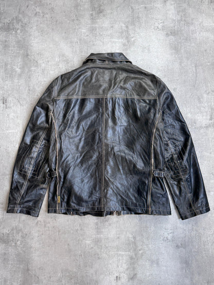 Armani Distressed Buckle Detail Leather Jacket