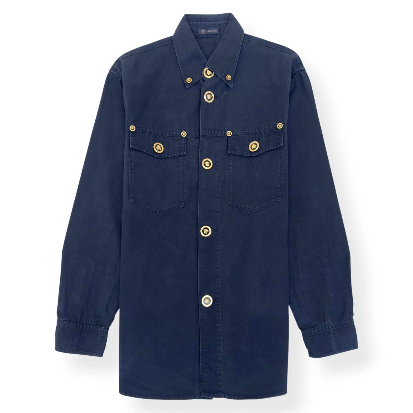 VERSACE MEDUSA BUTTON DENIM SHIRT BLACK 40 / M | Medium, Black