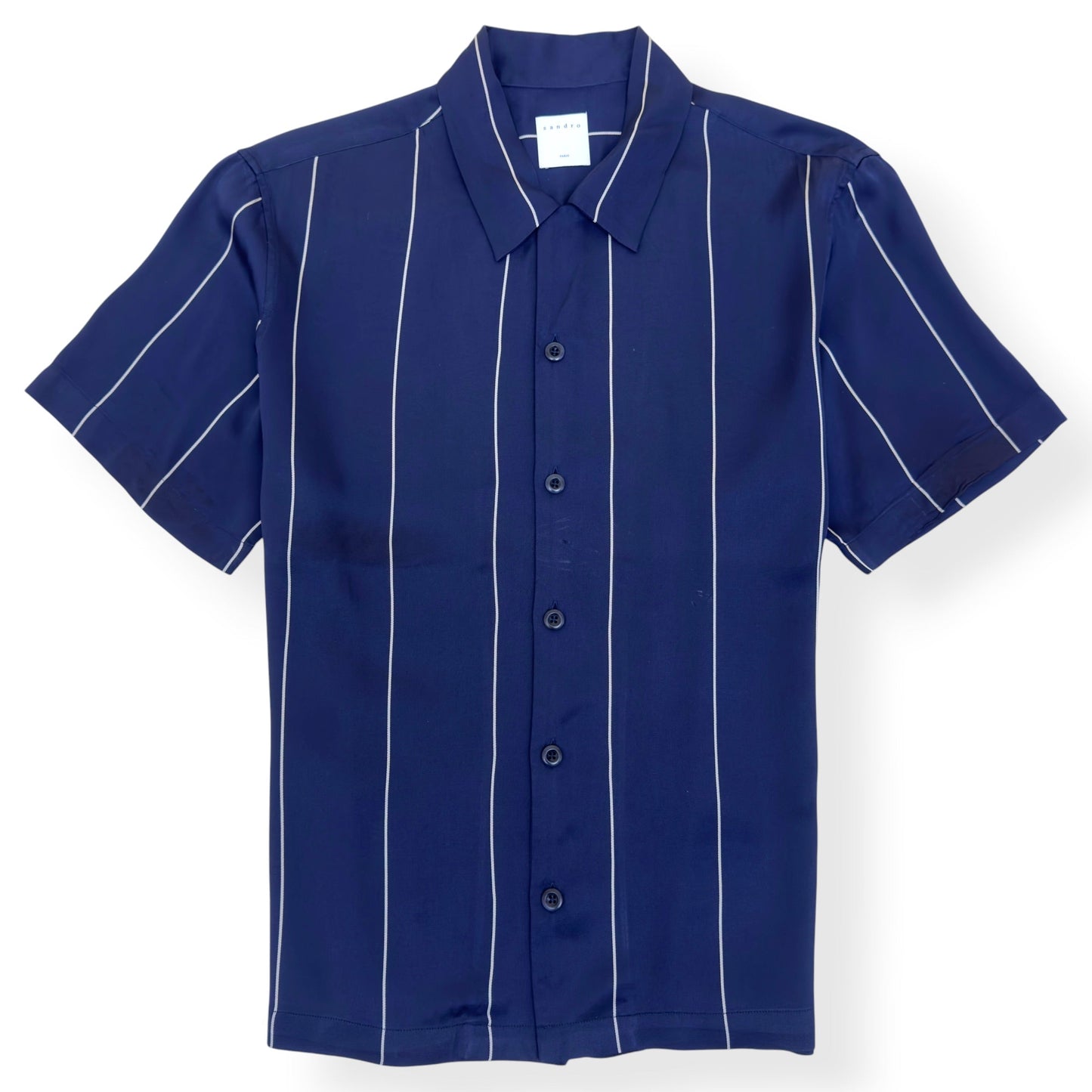 SANDRO PARIS STRIPED SHORT SLEEVE SHIRT NAVY L | Large, Navy