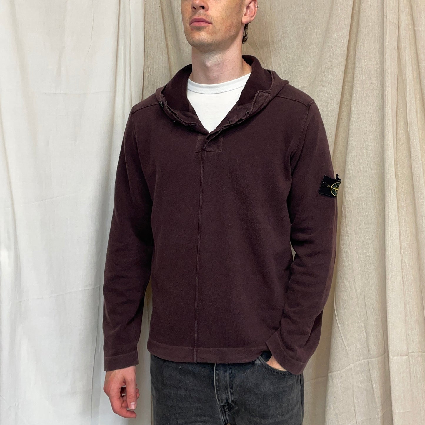 Stone Island Burgundy AW08 Button-Up Hooded Centre-Seam Pullover Jumper | Large, Red