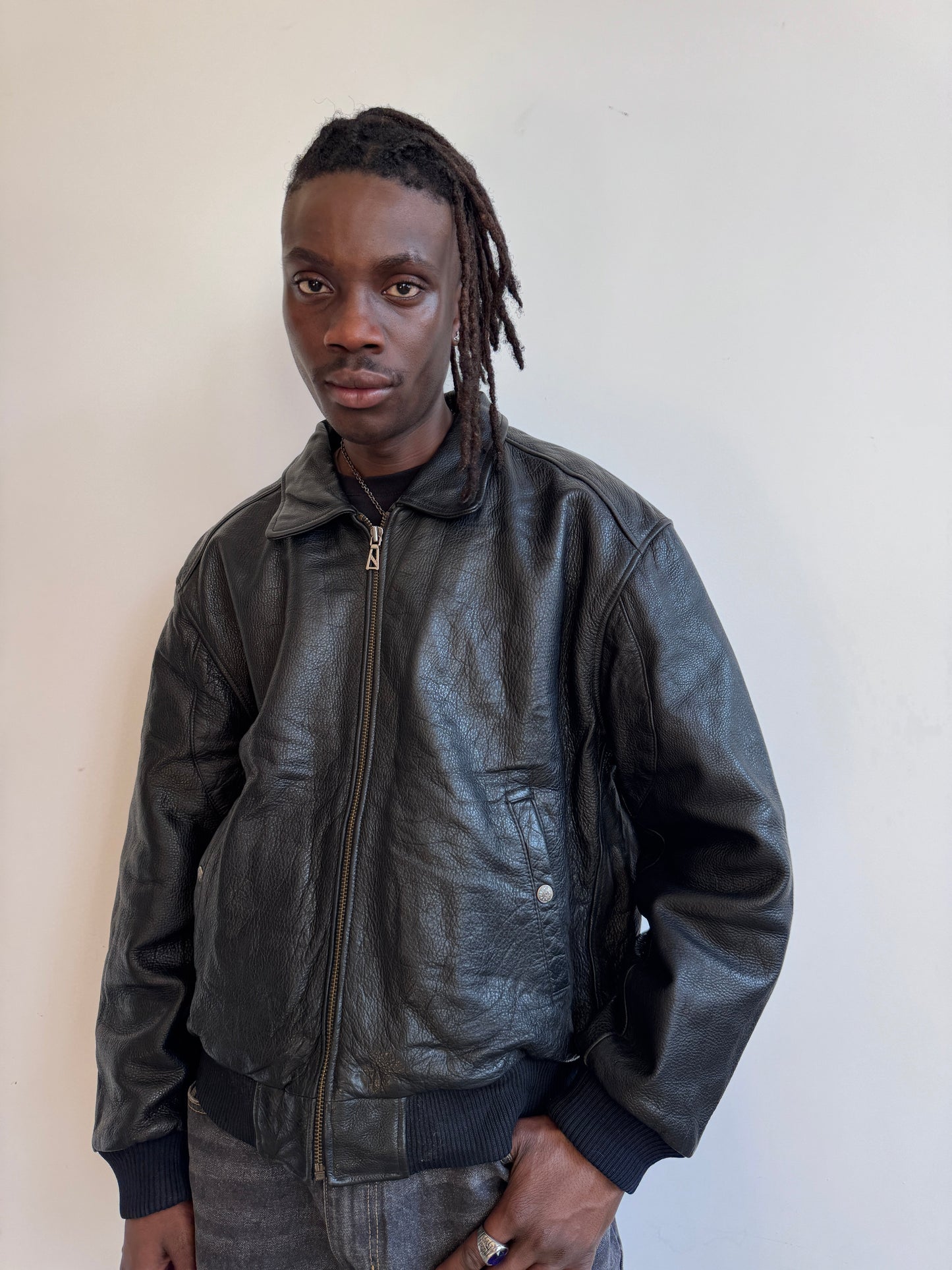 Mangoon 1990's Patch Embellished Black Distressed Leather Bomber