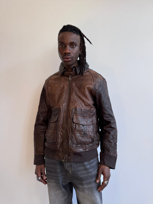 Mays & Rose Type 0SI-86 1980's Distressed Brown Leather Bomber Jacket
