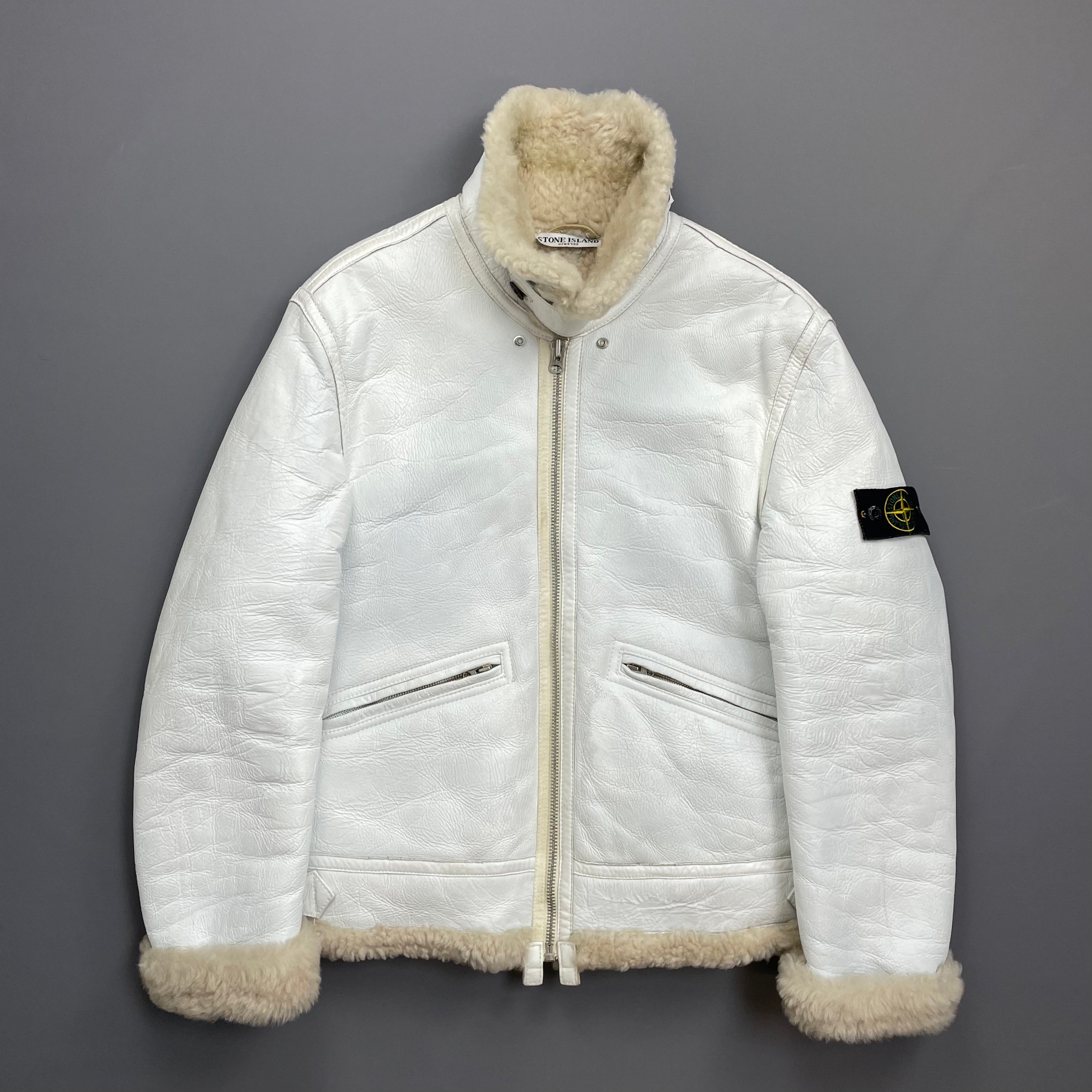 Stone Island White AW06 Shearling Sheepskin Hand-Painted Leather