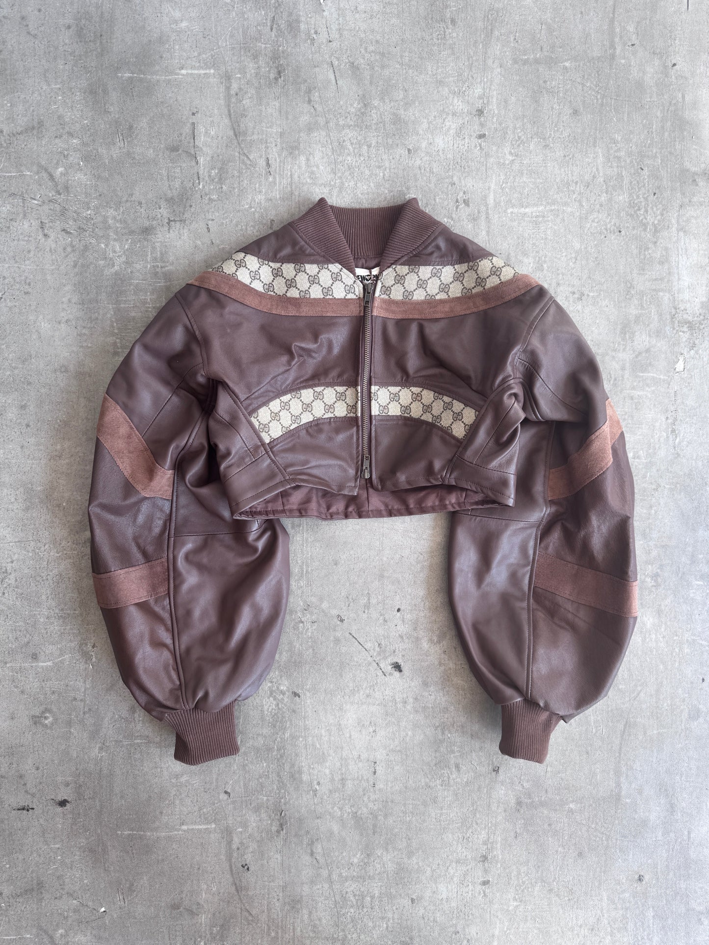 VT Rework: Gucci Canvas Monogram Cropped Balloon Sleeve Leather Jacket | Small, Multicoloured