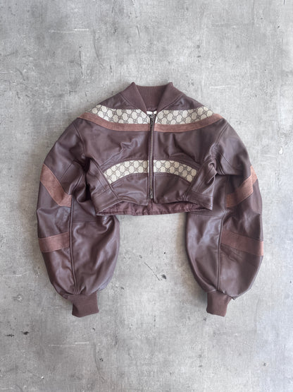 VT Rework: Gucci Canvas Monogram Cropped Balloon Sleeve Leather Jacket | Small, Multicoloured