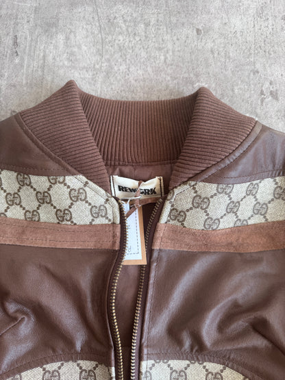 VT Rework: Gucci Canvas Monogram Cropped Balloon Sleeve Leather Jacket | Small, Multicoloured