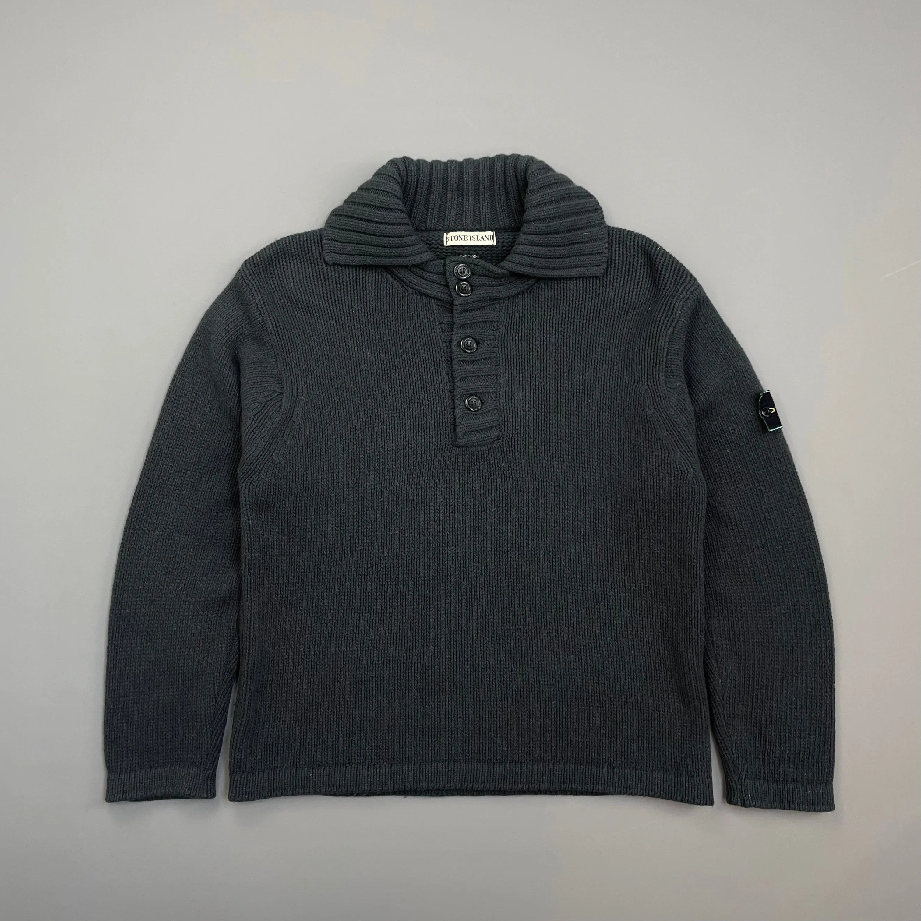 stone island vintage Knit 96AW サイズM Stone Island Grey 90s Chunky Wool Knit Green Edge Badge Button-Up Jumper