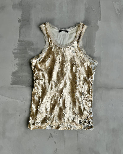 PLEIN SUD GOLD & WHITE SEQUINNED VEST TOP - M