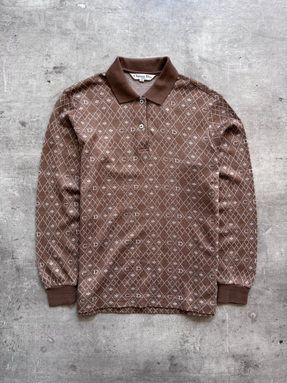 Christian Dior Monogram Jacquard Brown LS Knit Polo | Small, Brown