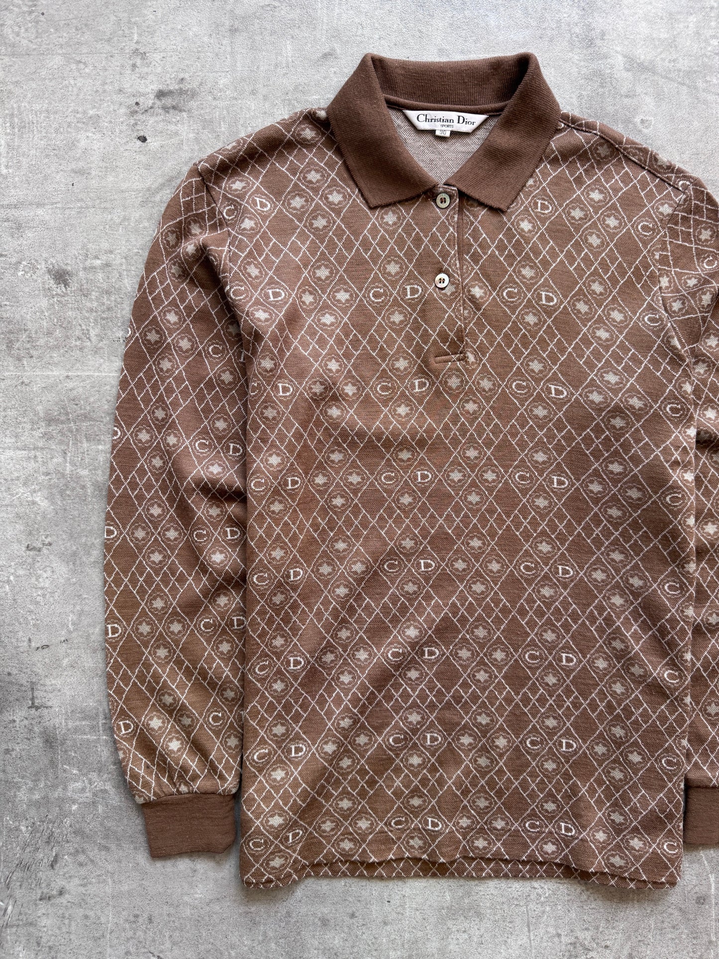 Christian Dior Monogram Jacquard Brown LS Knit Polo | Small, Brown