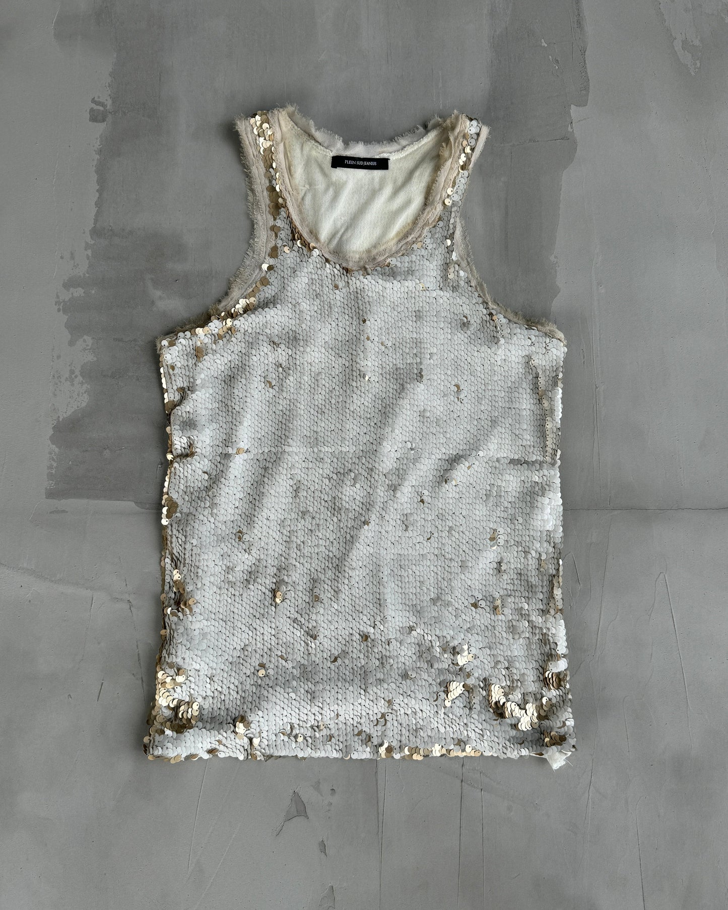 PLEIN SUD GOLD & WHITE SEQUINNED VEST TOP - M