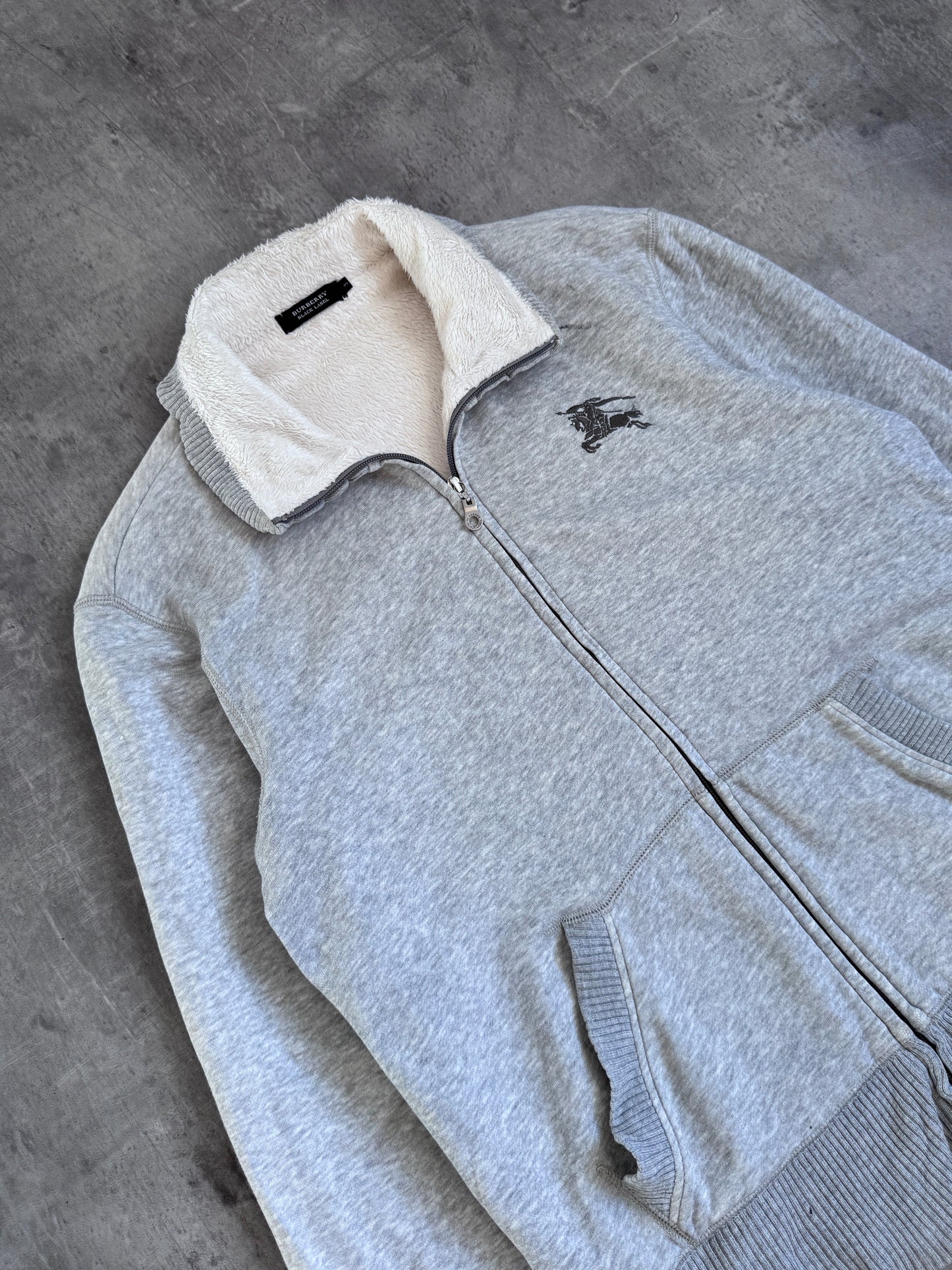 Burberry Black Label Faux Fur Lined Grey Zip Up Sweater