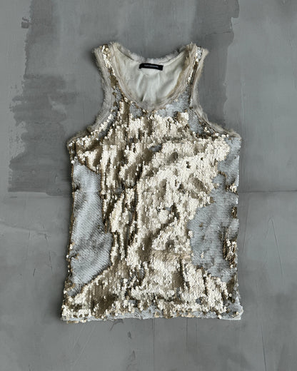 PLEIN SUD GOLD & WHITE SEQUINNED VEST TOP - M