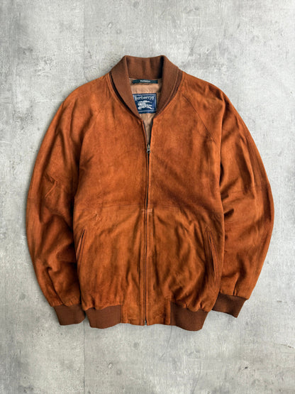 Burberry Brown Suede Leather Full Zip Bomber Jacket