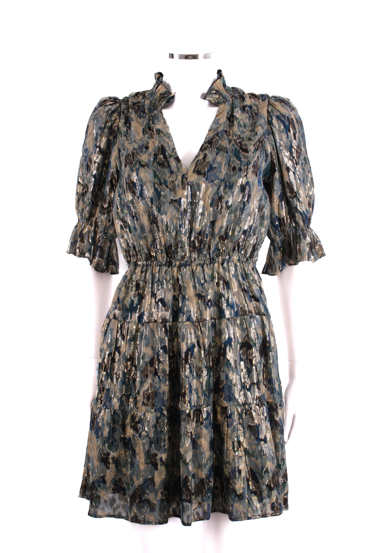 BA&SH S/S Camo Print Shimmer Dress Navy/ Gold 6 | O/S, Multicoloured