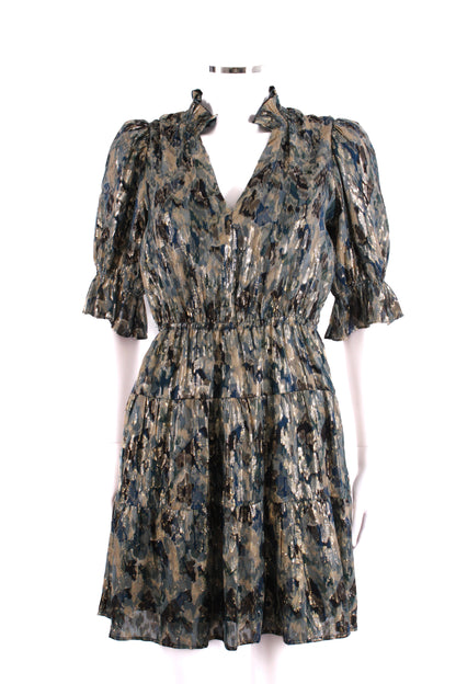 BA&SH S/S Camo Print Shimmer Dress Navy/ Gold 6 | O/S, Multicoloured
