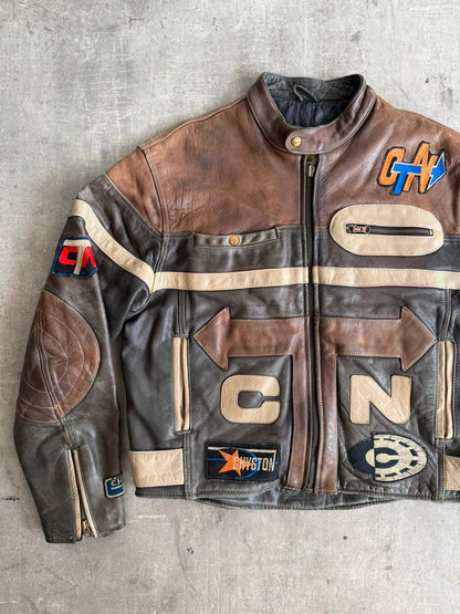 1980's Chyston Patch Embellished Leather Moto Jacket | Extra Extra Large, Brown