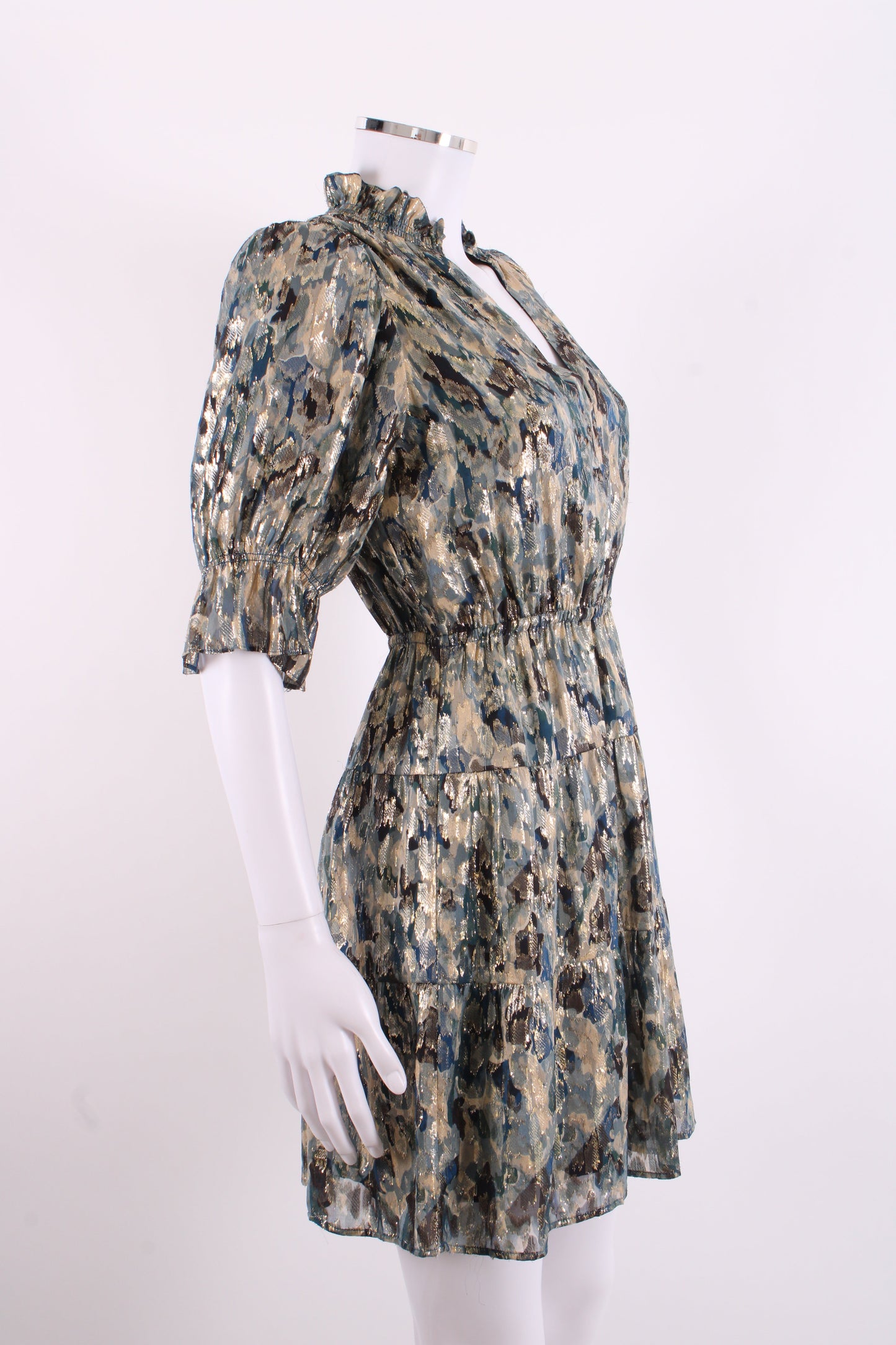 BA&SH S/S Camo Print Shimmer Dress Navy/ Gold 6 | O/S, Multicoloured