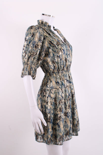 BA&SH S/S Camo Print Shimmer Dress Navy/ Gold 6 | O/S, Multicoloured