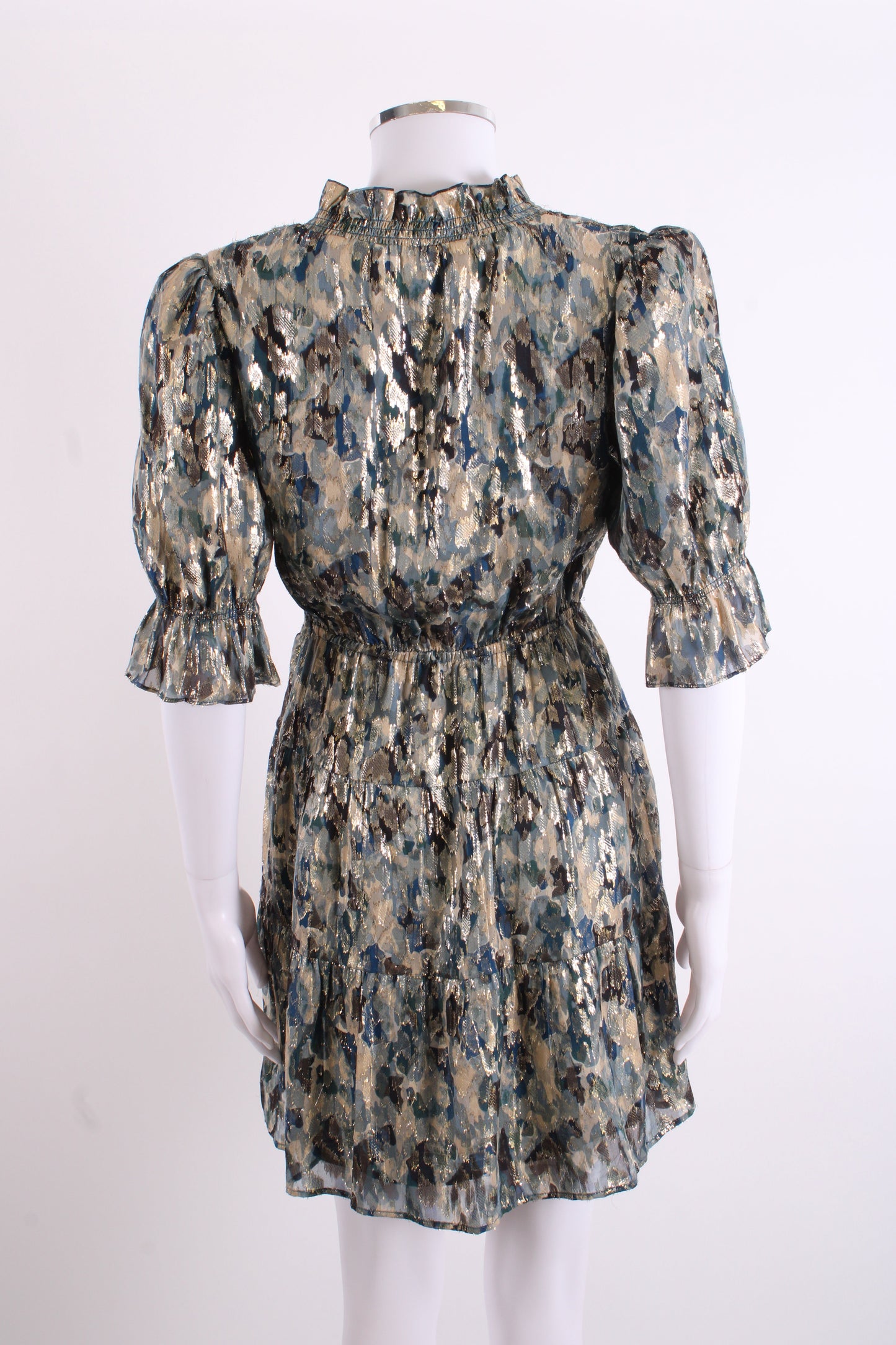 BA&SH S/S Camo Print Shimmer Dress Navy/ Gold 6 | O/S, Multicoloured