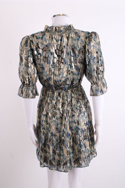 BA&SH S/S Camo Print Shimmer Dress Navy/ Gold 6 | O/S, Multicoloured