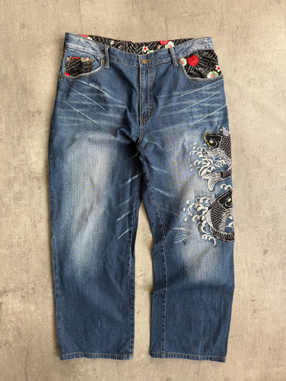 Dominate Japanese Koi Fish Embroidered Denim Jeans