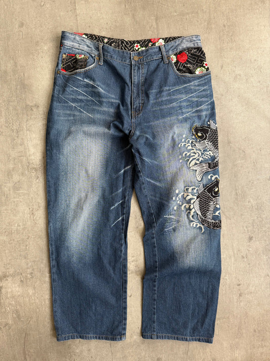 Dominate Japanese Koi Fish Embroidered Denim Jeans