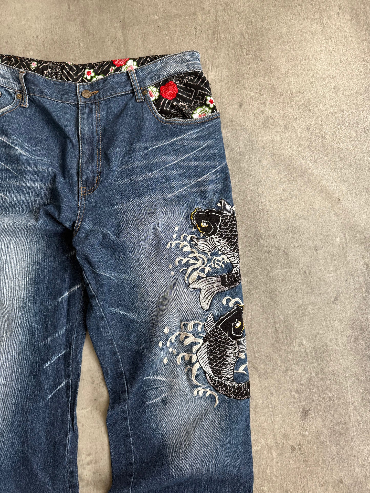 Dominate Japanese Koi Fish Embroidered Denim Jeans