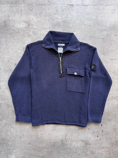 S/S 2000 Stone Island Washed Cotton Knit 1/4 Zip Sweater | Extra Large, Navy