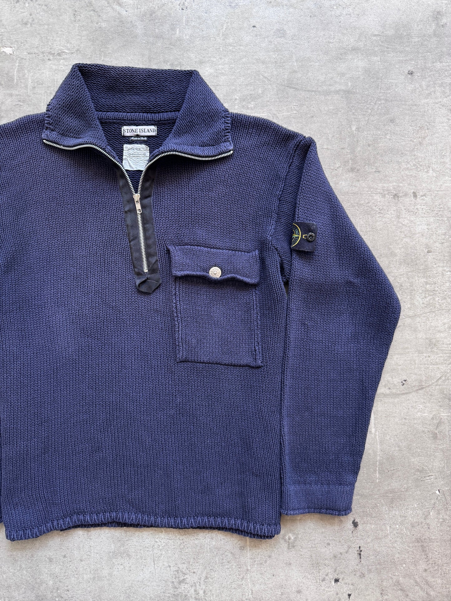 S/S 2000 Stone Island Washed Cotton Knit 1/4 Zip Sweater | Extra Large, Navy