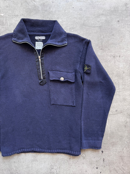 S/S 2000 Stone Island Washed Cotton Knit 1/4 Zip Sweater | Extra Large, Navy