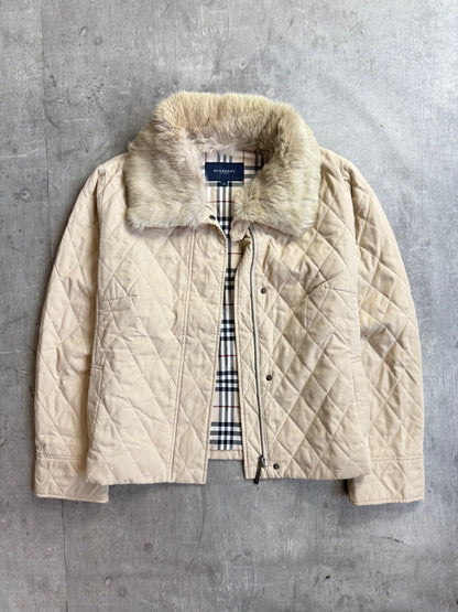 Burberry Modular Fur Collar Cropped Diamond Quilt Jacket